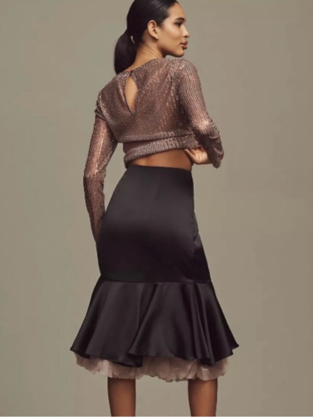 Anthropologie Black Satin Ruffle-Hem Midi Skirt